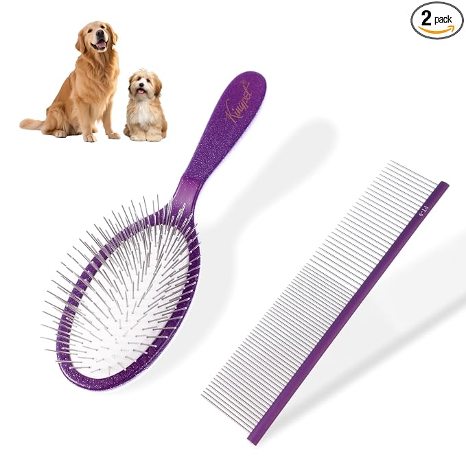 2PCS Slicker Brush for Dogs, Professional Pet Grooming Brush, 27mm Oval Stainless Steel Pin, Sparkle Glitter Handle, Anti-Static Round-Tipped Pins, Gentle Massage & Shedding Comb for Long Haired Dogs