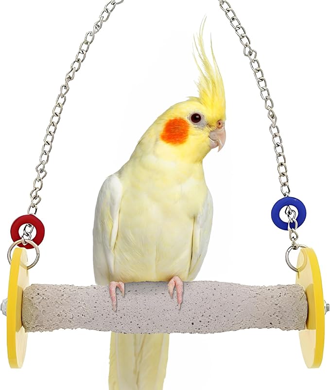 Sweet Feet and Beak Roll Bird Swing - Pumice Perch Bird Toys Trims Nails and Beaks, Safe Bird Cage Accessories for Small and Large Birds, Swinging Toys Birds Will Love, Small 7.5 Inches - Yellow