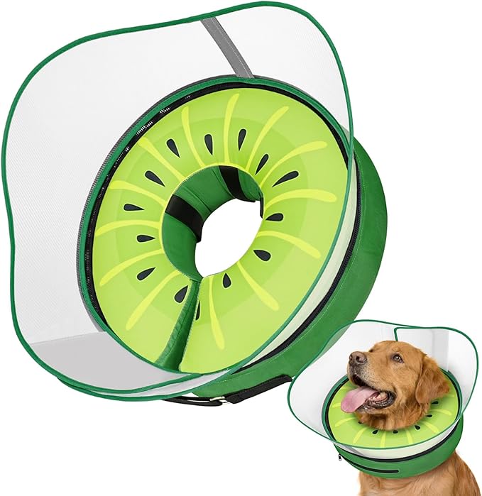 Supet Raised Inflatable Dog Cone After Surgery - Adjustable Recovery Donut Collar with Removable Shield to Stop Licking Wounds & Protect Stitches - Soft Dog Cone Alternative for Large Dogs (Kiwi,L)