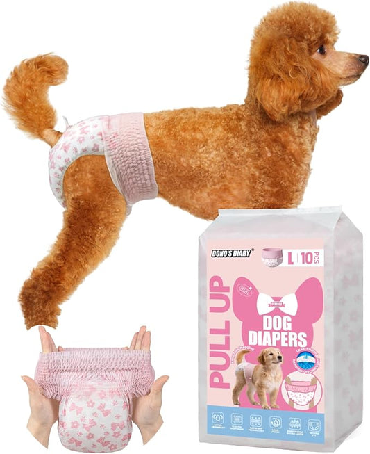 Dono Disposable Pull It Up Female Dog Diapers, 360° Stretchy Waist Puppy Diapers, Super-Absorbent Doggie Diapers with Rapid-Dry Technology Leak-Proof Design for Doggy in Heat Period, L 40 Pcs