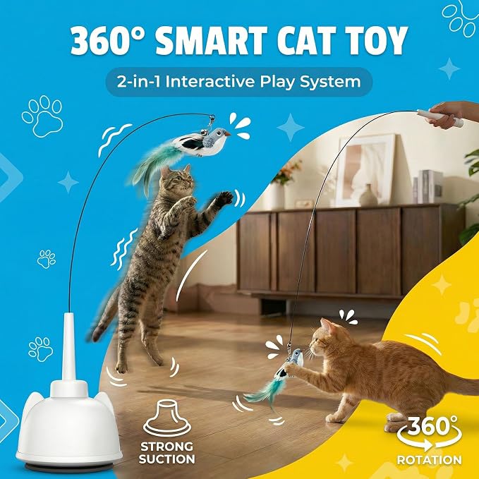 2 In 1 Electric Cat Wand Toy Interactive Cat Toys for Indoor Cats 360° Cat Toys for Bored Indoor Adult Cats, 2-Speed Fly Cat Chase Toy Automatic Cats Toys with Suction Cup Electric Cat Teaser Wand