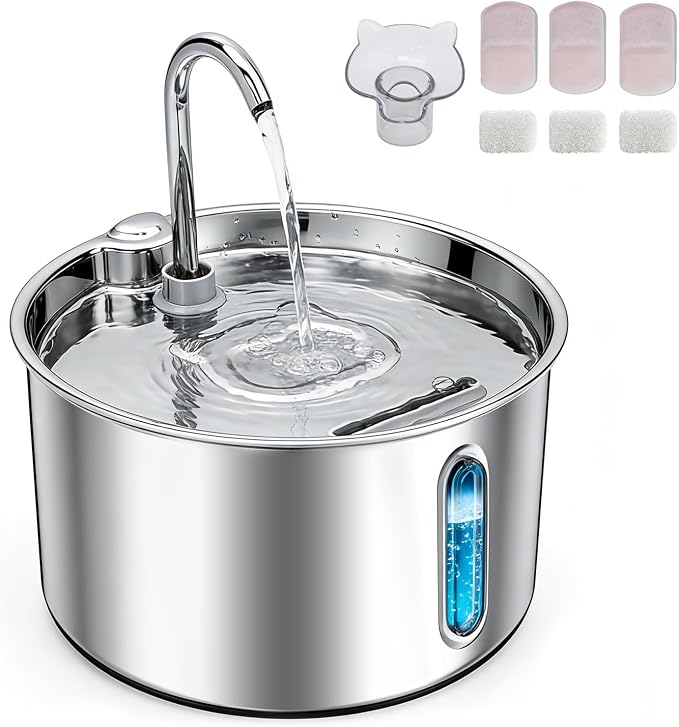 Stainless Steel Cat Water Fountain, 74oz/2.2L Automatic Pet Water Dispenser with 3 Filters & 2 Water Outlets, Quiet Indoor Drinking Fountain for Cats Small Dogs, Water Level Window