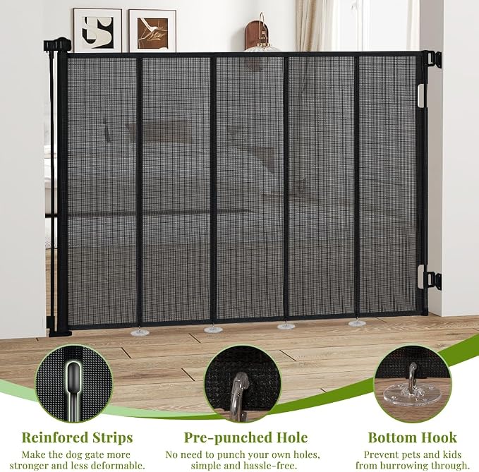 47" Extra Tall Retractable Baby Gates, Extends to 59" Wide, ExtraTall Retractable Safety Gate with Reinforced Strips, Retractable Tall Dog Gates for Doorways Mesh Baby Pet Gates Indoor, Black