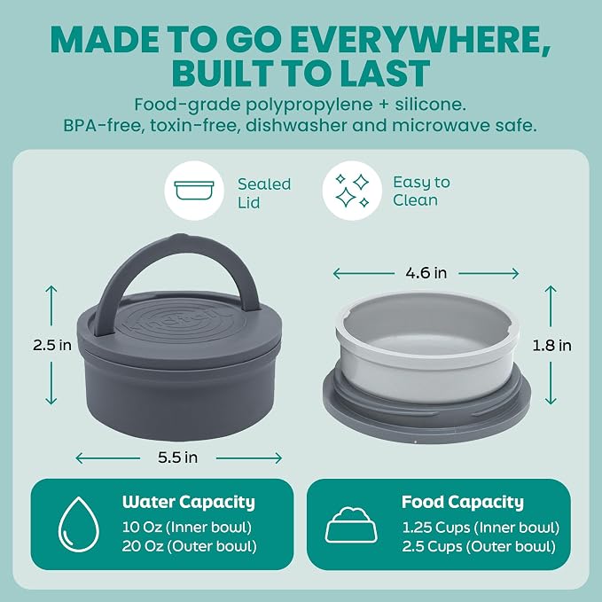 KindTail Portable Pet Feeder, Travel Dog Bowls with Lid and Handle, Microwave and Dishwasher-Safe, 10oz Inner Bowl & 20oz Outer Bowl, Grey