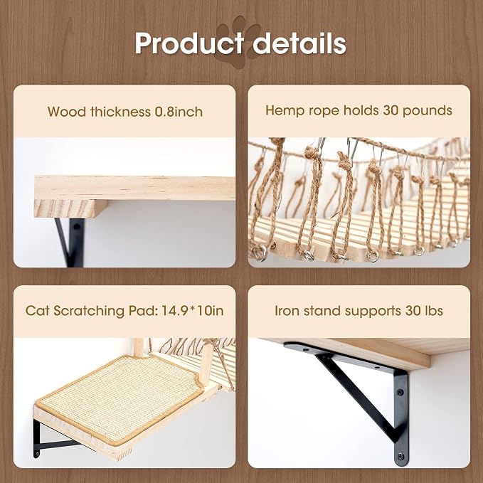A.FATI Wall-Mounted Cat Roped Bridge Long for Indoor Cats, Cat Wall Shelves for Sleeping, Playing, Climbing, Wooden Cats Bed and Perches with Sisal Scratch Mat