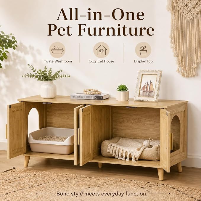 Homhedy Boho Cat Litter Box Enclosure for 2 Cats, Wooden Cat Washroom Furniture with Double Rattan Decorated Doors, Pet House,47.2”L x 19.7”W x 21.7”H, Natural