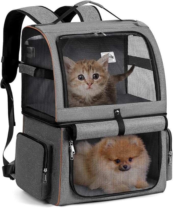 Double Cat Backpack Carrier for 2 Cats, Double-Compartment Pet Carrier Backpack for Two Small Cat or One Medium Cat, Cats Carrier Backpack Dog Carrier Backpack Fits Up to 24 Lbs,Grey