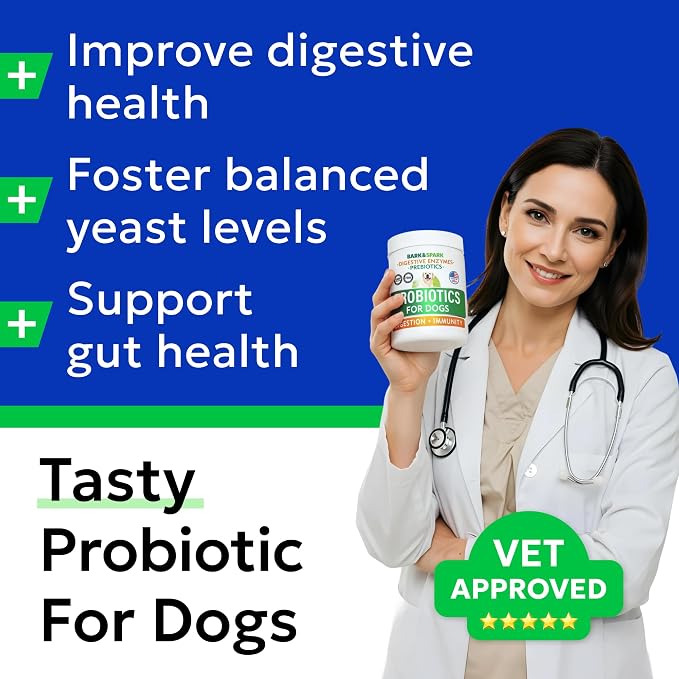 Bark&Spark Probiotics for Dogs & Horses - Digestive Enzymes (Gut Health) Allergy & Itchy Skin - Pet Diarrhea Gas Treatment Upset Stomach Relief Pill, Digestion Health Tummy Treat (180Ct Bacon)