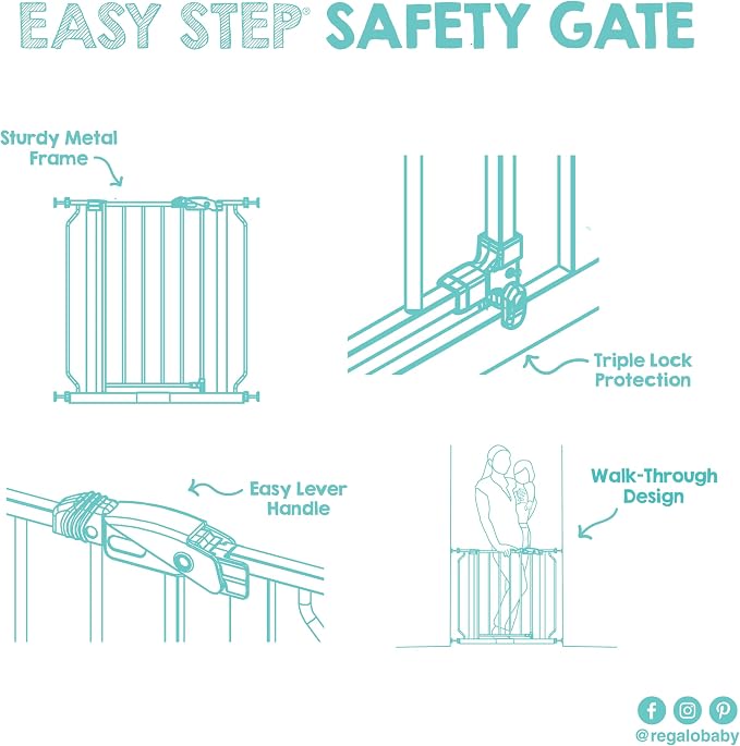 Regalo Safety 29-38.5" Baby Gate for Doorways & Bottom of Stairs, Pressure Mounted Baby Gate with Door for Babies, Toddlers & Pets, Tested & Safe for 30 Years, American Designed, American Owned, White