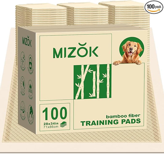 MIZOK 100 Counts Dog Pee Pads Extra Large 28"x34", Bamboo Puppy Pads Super Absorbent & Leak-Proof, 4-Corner Adhesive Tabs, Wee Wee Pads for Dogs Superior Odor Protection, XL