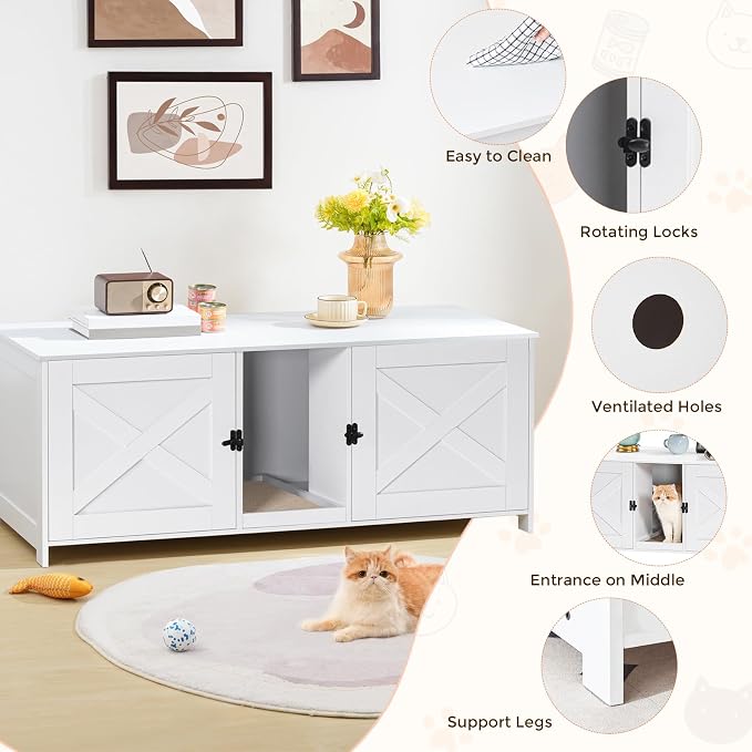 MAHANCRIS Cat Litter Box Enclosure for 2 Cats, 47.2" Hidden Litter Box Furniture with Double Room, Wooden Cats Washroom with Scratching Board, Indoor Cats House End Table, White CWWT1201