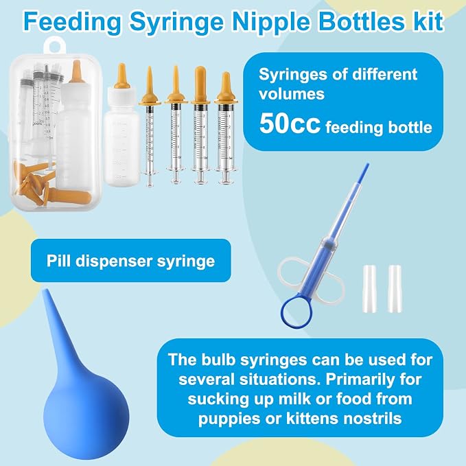 48 Pcs Puppy Kitten Whelping Kit Include 4 Puppy Feeding Tube, 6 Record Keeping Charts, 15 Whelping Collars, 15 Cord Clamps, 2 Gloves, Bulb Aspirator, Syringe, Bottle, Scissors, Stethoscope, Bag