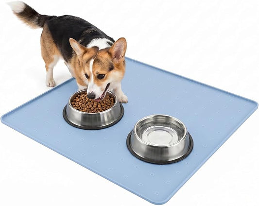 Silicone Pet Feeding Mat, 26x26 Inch Waterproof Dog Bowl Mat – Non-Slip, Machine Washable, Thin 0.28 Inch Edge for Messy Eaters, Protects Hardwood & Tile Floors, Blue