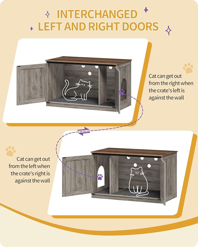 Hzuaneri Cat Litter Box Enclosure with Cushion, Hidden Litter Box Furniture with Removable Dividers, Reversible Entrance Left or Right Side, Cat House, Greige CB84705X