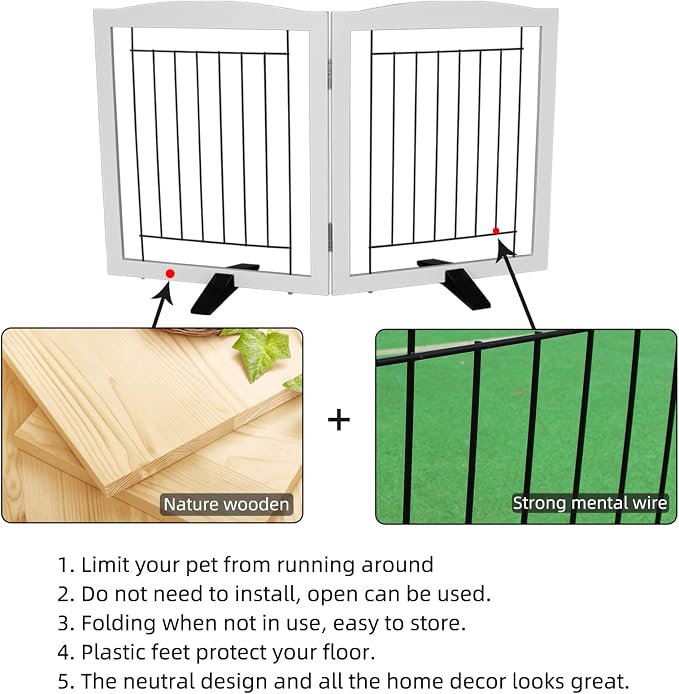 ZJSF Freestanding Dog Fence Indoor, Foldable Dog Gate for Doorways, Stairs or Hallways, Sturdy Wood Extra Wide Pet Gate with Support Feet for The House, White, 24 "Height-2 Panels