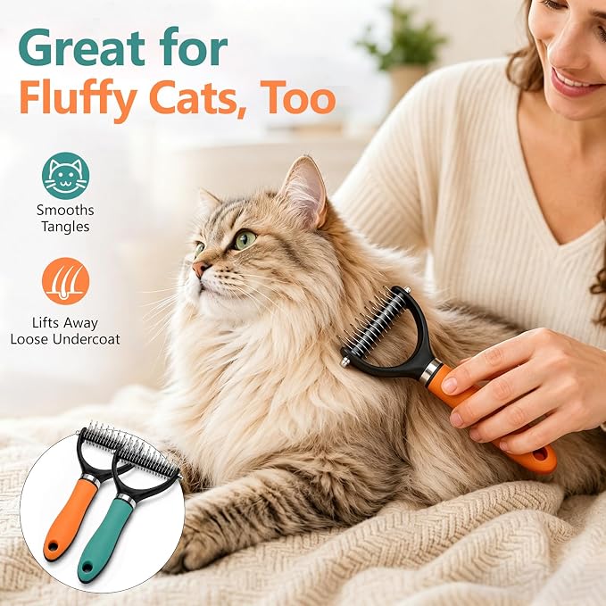 Dog Brush and Cat Deshedding Rake, Pet Grooming Tool for Shedding with Rounded Stainless Steel Teeth, Comfortable Grip for Long or Thick Coats (Orange+Green)