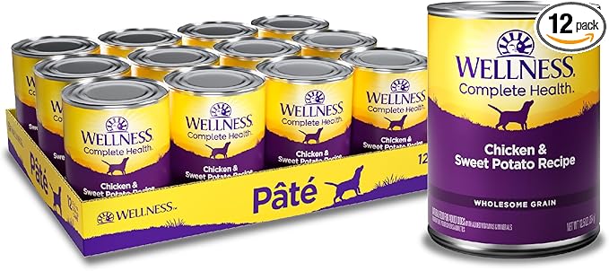 Wellness Complete Health Pate Adult Canned Wet Dog Food, Wholesome Grains, Natural, Chicken and Sweet Potato, 12.5 oz, Pack of 12 Cans