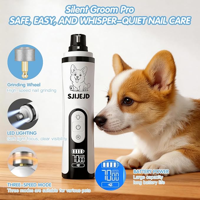 Upgraded Silent Dog Nail Grinder Quiet, Cordless Grooming Pro Nail with 3 Adjustable Speeds & Led Light Whisper Quiet Claw Trimmer for Dogs, Cats and Other Animals (2 Replacement Heads)