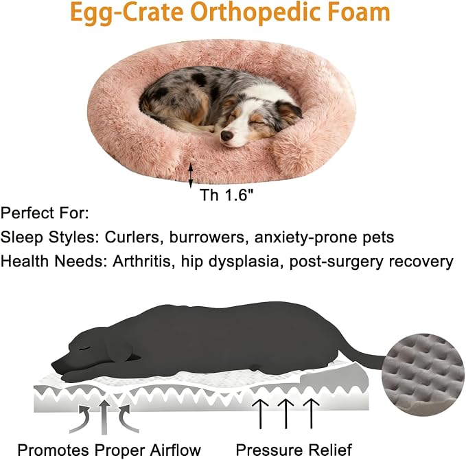 Calming Dog & Cat Beds with Orthopedic Egg-Crate Foam Raised Rim, Soft Fluffy Faux Fur Pet Bed for Small Medium Dogs, Anxiety Relief Spine Support, Machine Washable (Round, Blush Pink 23")