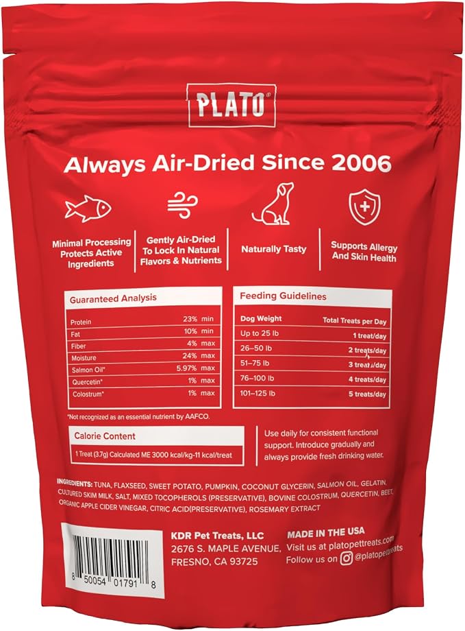 PLATO Pet Treats Air-Dried Wellness Chews for Dogs – Functional Dog Chews – Supports Skin Health & Allergy Relief – Salmon Oil, Colostrum & Quercetin Recipe 8oz