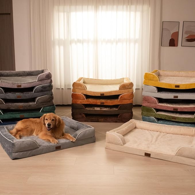 Comfort Expression Orthopedic Dog Bed for Large Dogs 36x27 Inch, Waterproof Supportive Egg Crate Foam Large Pet Bed with Removable Bolsters, Dog Couch with Washable Cover & Non-Slip Bottom, Beige