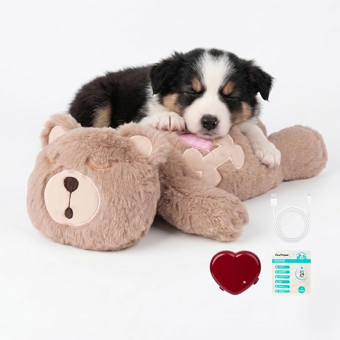 Pet Prime Heartbeat Dog Toy for Puppy Anxiety with Rechargeable Heartbeat - Smart Timer and Adjustable Speed Features to Soothe Puppies,Include 1PC Disposable Heat Pack for Extra Comfort (Bear)