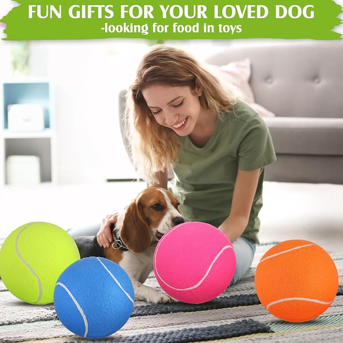 Leyndo 4 Pcs Inflatable Giant Tennis/Soccer Balls for Dogs with Pump Needle 9.5 Inch Jumbo Rubber Outdoor Indoor Interactive Large Dog Ball for Pet Training(Multicolor,Tennis)