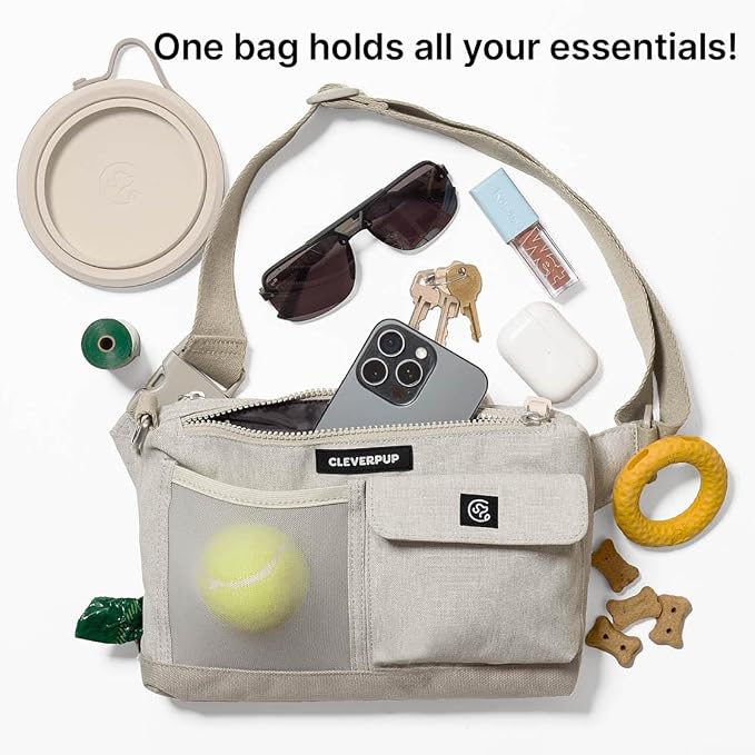 Cleverpup Dog Walk & Train Sling Bag - Hands-Free Dog Walking & Training Bag with Treat Pouch, Poop Bag Holder & Phone Pocket - Crossbody or Fanny Pack, Adjustable Strap - Sand
