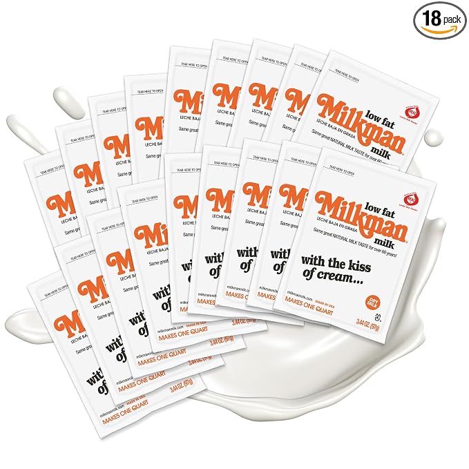 Milkman Low-Fat Milk - Instant Dry Milk Powder Packets - For Coffee, Baking, or Travel - Just Add Water, Makes One Quart - Classic, Natural Taste with the Kiss of Cream! (18 Pack)