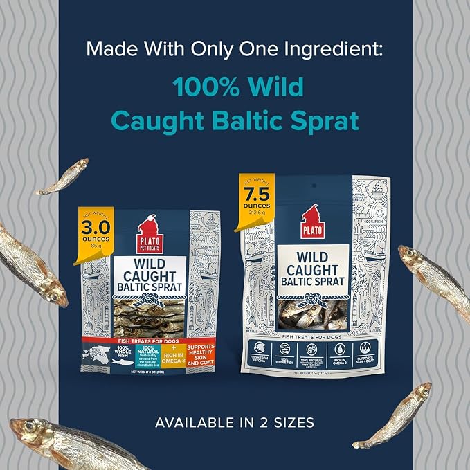 PLATO Pet Treats Fish Dog Treats - Air-Dried, Single Ingredient Pet Treat - Omega 3 & 6 Fatty Acids to Support Skin and Coat - 100% Whole Fish - Wild Caught Baltic Sprat - 7.5 oz - 2 Pack
