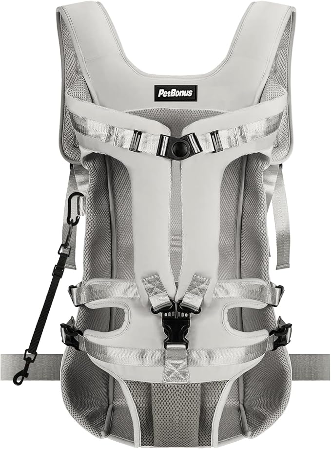 PetBonus Pet Front Dog Carrier Backpacks, Adjustable Pet Backpack, Legs Out Easy-fit Puppy Chest Carrier for Medium Small Dogs, Hands Free for Hiking, Cycling (Grey, XL)
