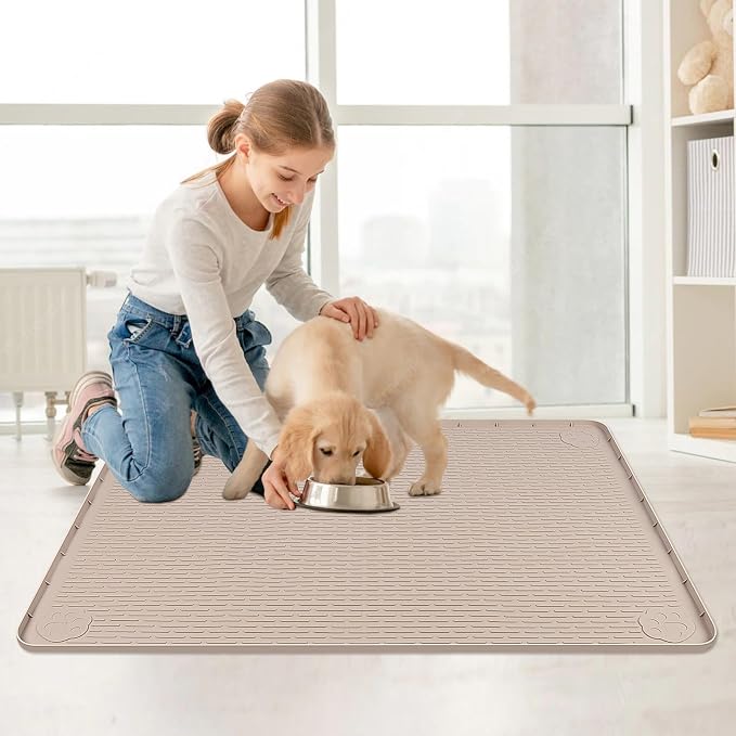 Cat Food Mat, 40" x 28" Cat Litter Mat Extra Large Silicone Pet Feeding Mat with Raised Edge Pet Placemat for Food and Water Bowl Non-Slip, Easy to Clean, Floor Protection (Khaki)