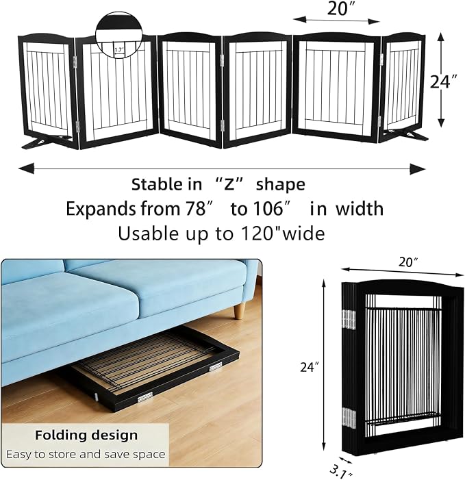 ZJSF Freestanding Dog Fence Indoor, Foldable Dog Gate for Doorways, Stairs or Hallways, Sturdy Wood Extra Wide Pet Gate with Support Feet for The House, Black, 24 "Height-6 Panels
