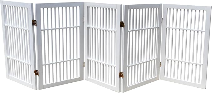 Urnporium Pet Dog Gate Freestanding, Strong Durable Folding Wooden Fence, Portable Acacia Hardwood Safety Barrier for Indoor & Outdoor Use (White Pet Gate, 5 Panel 30" Tall)
