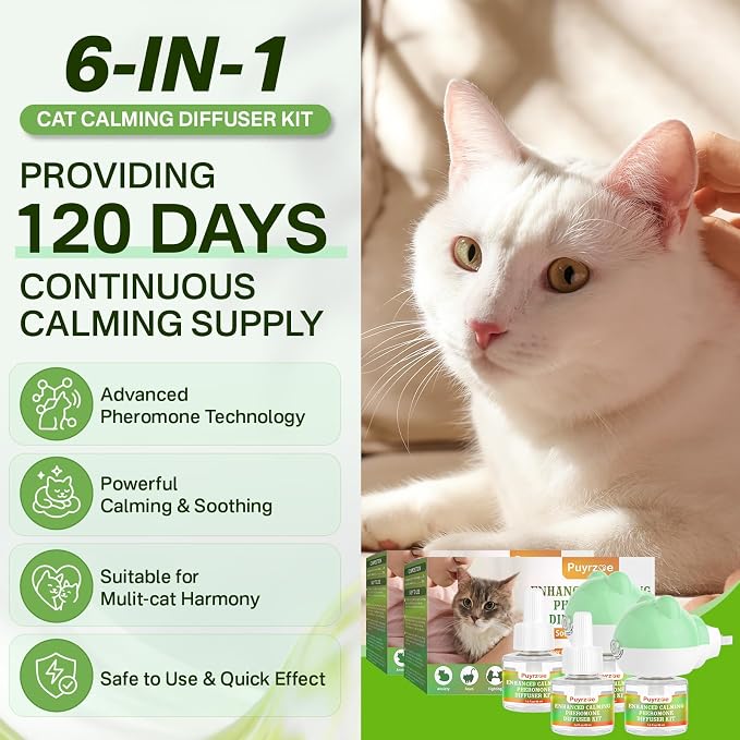 puyrzoe Cat 6-in-1 Calming Diffuser + Multivitamin 500 Chews for Cats – Stress Relief, Immune, Skin & Coat, Digestion, Brain & Bone Health for All Cats, 2 Diffusers + 4 Refills