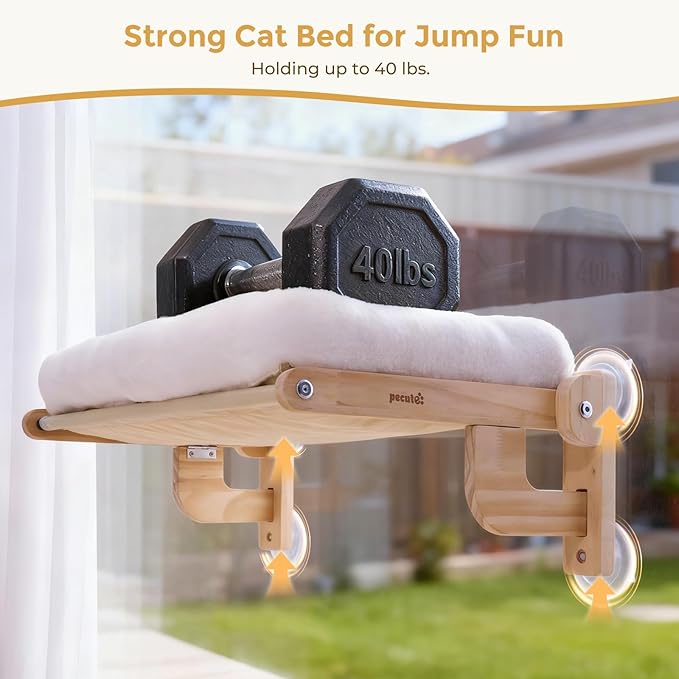 Pecute Foldable Cat Window Perch, Cloud-Soft Cat Bed with Solid Wood Frame, Strong Suction Cup, Washable Cushion, Stable Large Cats Hammock with Sided Bolster, Cats Perch Indoor for Sunbathing, 26" L