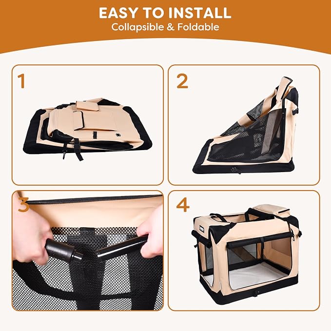 JESPET Soft Dog Crates Kennel for Pets, 3 Door Soft Sided Folding Travel Pet Carrier with Straps and Fleece Mat for Dogs, Cats (Camel, X-Large(36" L x 24" W x 27" H))