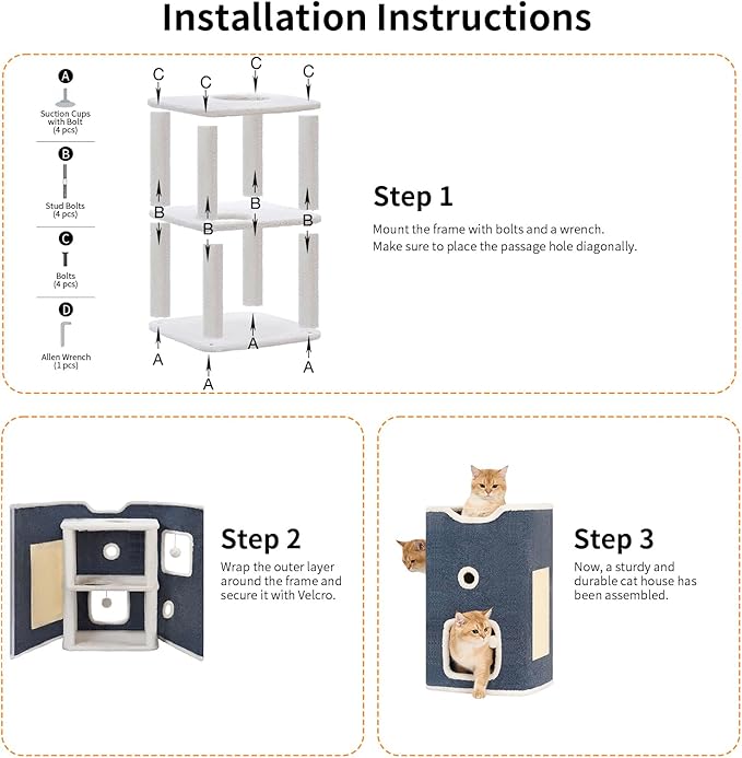 Cat House, Cat Beds for Indoor Cats, 2-Story Cat Condo Cube with Scratch Pad and Fluffy Ball Hanging, Multi-Level Cozy Hideout Center Ideal for Small/Medium Cats