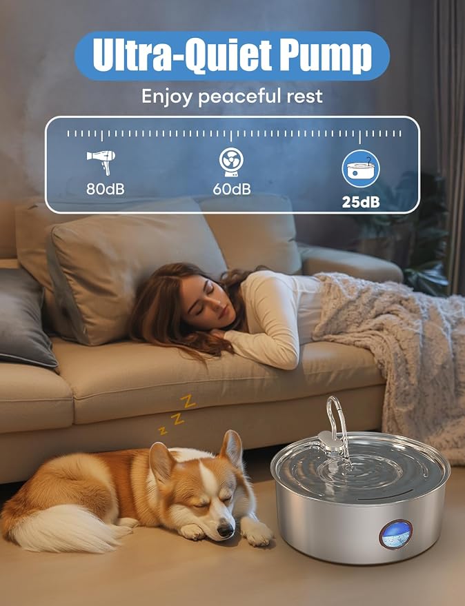 subteenmate Dog Water Fountain for Large Dogs- 8L/270oz Stainless Steel Dog Fountain Dispenser Automatic Pet Water Bowl with Ultra-Quiet Pump/Quadruple Filtration for Large Pups Cats & Multi-Pet