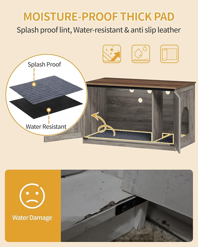 Hzuaneri Cat Litter Box Enclosure with Cushion, Hidden Litter Box Furniture with Removable Dividers, Reversible Entrance Left or Right Side, Cat House, Greige CB84705X