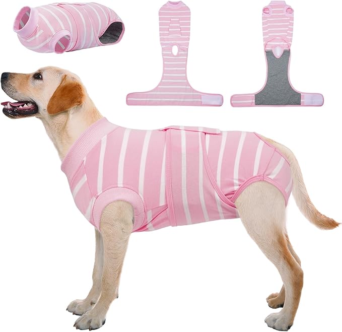 Kuoser Dog Surgery Recovery Suit, Soft Breathable Dog Recovery Suit for Female Spay Male Nueuter, Anti Licking Puppy Onesie Pet Surgical Suit for Dogs Abdominal Wounds Skin Disease, Pink Strips 2XL