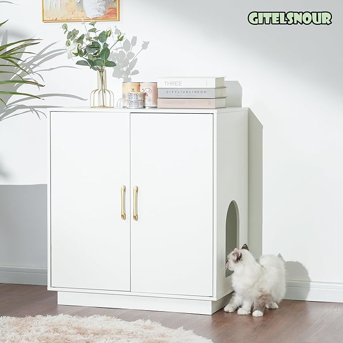 Gitelsnour Litter Box Enclosure, 30.9'' High Large Litter Box Furniture, Modern Cat Litter Box Enclosure with Hidden Storage, Side Table, End Table, White GCLB003WT