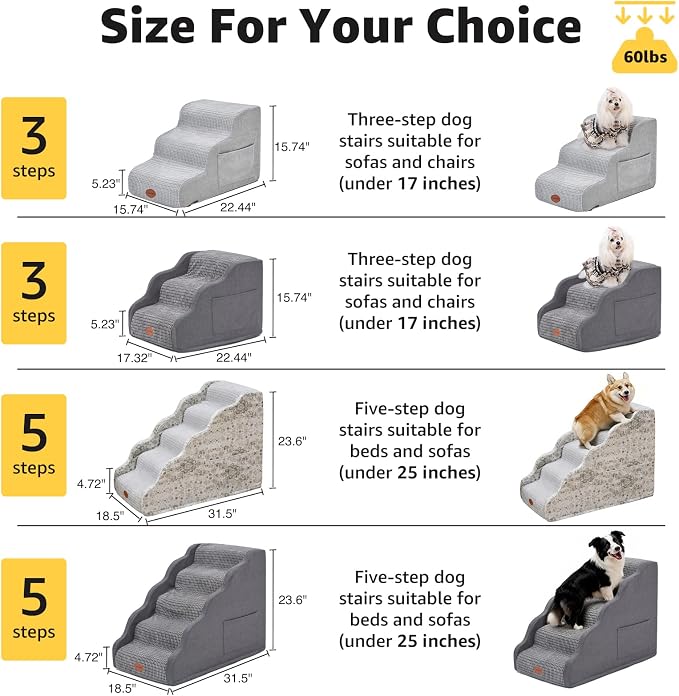 Woochpet Side Armrest Dog Stairs for High Beds Up to 26-30", 5-Step Pet Ramp with Weighted Base Plate, Washable Cover, Gentle Slope Steps, Bed & Couch Ladder for Small Medium Dogs & Senior Cat