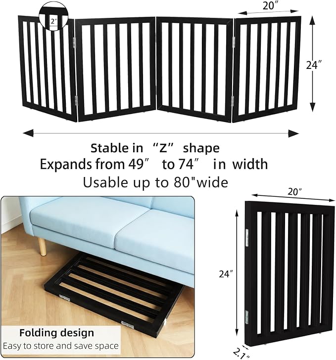 Dog Gate Indoor, Freestanding Dog Fence for The House, Doorways, Hallways,or Stairs,Pet Gate Foldable Wooden,Expandable 24" Height 4 Panels,Black