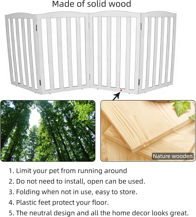 Freestanding Dog Gate Indoor,Doggie Gate Foldable Pet Gates for Doorways,Stairs or Hallways, Wooden White Pet Gate for the House, Pet Fence,32 "Height-4 Panels