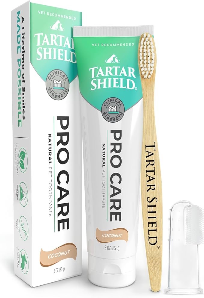 Tartar Shield® Pro Care Natural Coconut Dental Kit for Dogs & Cats, VOHC Accepted, Toothpaste with Toothbrush & Finger Brush, Clinically Proven Plaque, Tartar & Halitosis Reduction, 3 oz.