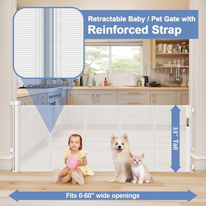 Reinforced Retractable Baby Gates with Support Rod 60" Wide Retractable Baby Gate for Stairs Retractable Dog Gate Outdoor Retractable Gate Outdoor Prevent Babies and Pets from Squeezing Under The Gate
