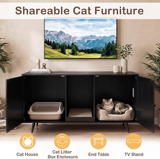 Tangkula Double Cat Litter Box Enclosure, Large Hidden Wooden Cat Cabinet for 2 Cats with Scratching Pad, Double Rooms, Versatile TV Stand Side Table for Indoor Living Room