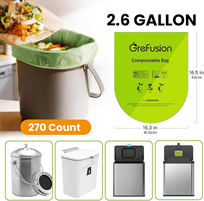GreFusion Compostable Trash Bags, Small 2.6 Gallon, 270 Count, 0.72 Mils Thick, Eco Friendly, ASTM D6400 & BPI Certified, Composts Food Scraps, No Leaks