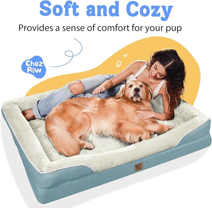 Chez Paw XXL Orthopedic Dog Bed for Extra Large Dogs, Extra Thick Egg-Crate Foam Waterproof Pet Couch with Removable Washable Cover, 4-Sided Bolster & Non-Slip Bottom, Blue 45"x35"x7.5"